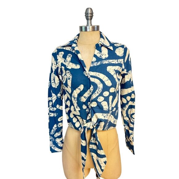 Haute Hippie Blue & White Abstract Tie-Front Blouse XS NWT - Picture 1 of 6
